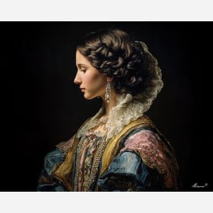 baroque portrait, noblewoman, elaborate fabric, soft highlights, dark background, regal attire, classical portraiture, fine fabric detail, warm lighting, high contrast