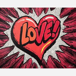 pop heart, dotted shading, bold red tones, comic heart art, graphic love symbol, retro palette, pop explosion lines, thick outlines, emotional pop style, vibrant red contrast