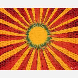 comic sun, radiating rays, halftone texture, bold lines, bright yellow palette, retro sun design, graphic pop symbol, flat warm palette, dotted sky