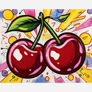 pop cherries, glossy flat red, thick outlines, retro fruit art, graphic cherry motif, bright highlights, comic shading, bold contrast design