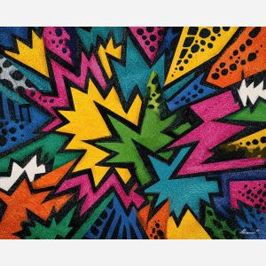 comic POW text, angular star shape, bold lines, strong primary colors, vintage comic sound effect, flat fill pop style, halftone accents