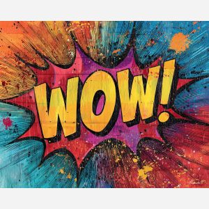 comic WOW text, pop bubble, explosive lines, bright yellows, retro type style, graphic speech bubble, ben day dots, classic comic expression, outlined text, flat comic shading