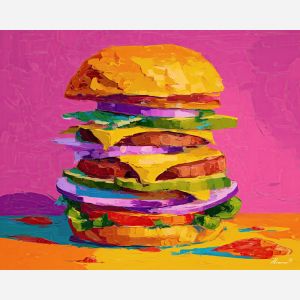 pop burger, flat layers, bold food shapes, graphic outline, comic food art, retro palette, bright color blocks, playful pop style, diner pop design