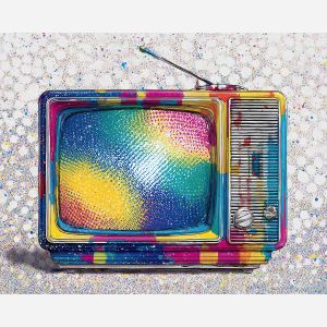 pop tv, retro electronics, thick outline, dotted static, ben day shading, graphic retro device, flat color fill, classic pop tech, nostalgic pop device, vibrant outline art