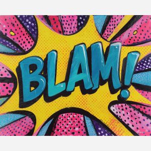comic BLAM text, pop-art explosion, dotted accents, bold outlines, primary palette, retro action panel, graphic sound effect, comic typography, bright impact word