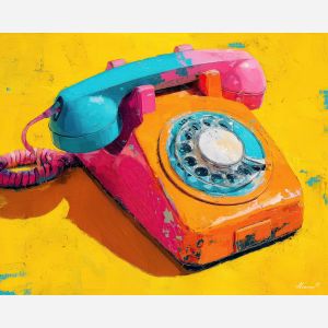 retro telephone, bold outlines, primary colors, pop icon device, vintage phone art, flat shading, comic-style design, pop electronics motif