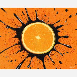 comic splash, orange burst, halftone dots, bold outline art, graphic symbol, retro comic shape, flat shade design, pop highlight burst, vintage icon, bright pop shape