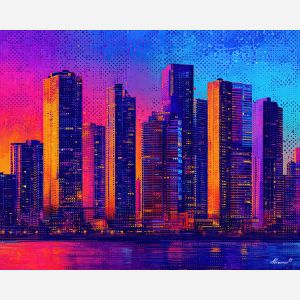 pop skyline, halftone dots, neon palette, graphic buildings, bold shadows, city pop art, retro neon look, comic cityscape, bright block colors, outlined buildings, flat color shapes, iconic city pop feel, night neon contrast, vibrant outlines, classic pop design
