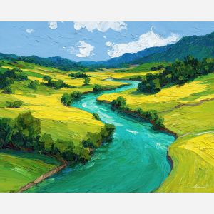 rio esmeralda,agua curvada,colinas suaves,campos luminosos,cielo claro,pintura al oleo con espatula,verdes intensos,paisaje rural vivo,escena de rio moderna,tonos frescos,textura en las orillas,colores saturados,naturaleza radiante,paisaje contemporaneo,composicion de meandro,agua en movimiento sugerida,vision campestre,color y luz natural,atmosfera abierta,impacto cromatico