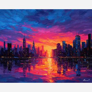 city skyline at sunset,neon city colors,bright pink and orange sky,electric blue buildings,palette knife cityscape,vivid urban painting,modern skyline art,high contrast architecture,glowing windows,urban horizon,expressive city strokes,color rich skyline,contemporary city landscape,nightfall colors,energetic urban scene,thick textured paint,metropolitan color fields,dramatic city sunset,knife sculpted structures,bright urban mood