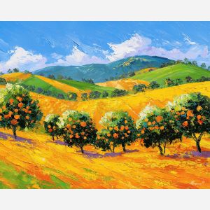 citrus orchard,orange trees,rolling green hills,clear blue sky,palette knife countryside,bright rural landscape,vivid color contrast,fruit trees in landscape,expressive hill textures,modern country painting,high saturation tones,knife painted foliage,cheerful outdoor scene,colorful farmland view,green and orange palette,landscape with orchards,contemporary rural art,bright nature study,warm fresh colors,energetic landscape strokes