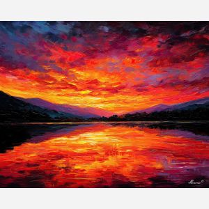 sunset lake scene,crimson water reflections,orange sky glow,palette knife sunset,dramatic landscape colors,high contrast horizon,reflective lake surface,thick oil paint texture,expressive seascape style,distant dark hills,fiery sky tones,vibrant sunset painting,modern landscape art,rich warm palette,knife painted reflections,color saturated scenery,emotional sky view,glowing evening light,dramatic color fields,sunset impression