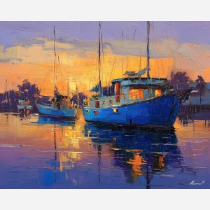 sapphire harbor,blue water scene,boats at dawn,palette knife harbor,bright morning light,deep blue tones,reflections on water,expressive seascape strokes,harbor landscape art,high saturation blues,light on boats,coastal morning view,modern marine painting,rich color contrast,knife painted waves,atmospheric harbor,early light on sea,colorful dockside scene,seaside impression,contemporary harbor style