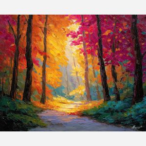 amber forest light,warm woodland path,vivid tree colors,palette knife forest,bright foliage,glowing morning tones,textured tree trunks,expressive leaf strokes,autumn style palette,forest landscape painting,high saturation warm hues,light filtering scene,modern woodland art,rich earthy colors,knife painted forest,path through trees,atmospheric morning light,contemporary forest view,thick paint layers,nature in warm tones