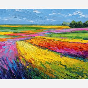 rainbow fields,color banded landscape,vivid horizontal strokes,palette knife layers,bright open countryside,colorful abstract fields,expressive landscape stripes,high saturation colors,modern field painting,playful horizon line,bright sky contrast,thick oil layers,landscape color study,contemporary countryside art,rainbow inspired palette,dynamic field composition,bold color panels,textured farmland view,abstracted nature scene,vibrant land bands