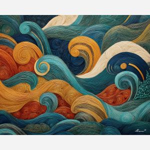 wave cascade, curl lines, spiral motifs, ocean zentangle, layered wave shapes, continuous patterns, abstract sea flow, detailed water lines