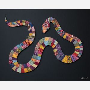 serpent zentangle, segmented patterns, changing textures, long curved figure, decorative line creature, continuous pattern flow, abstract animal form