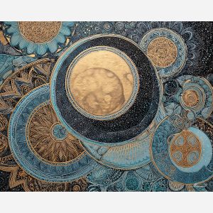moon orbit art, circular patterns, zentangle rings, repeating textures, cosmic motif, detailed line orbit, abstract lunar design, decorative moon art