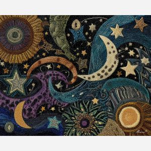 zentangle stars, moon patterns, night doodle sky, dense line textures, cosmic zentangle, abstract night art, black white contrast, repeating celestial motifs