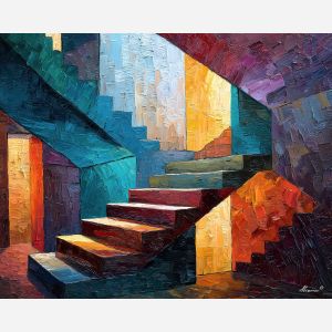 a stair structure that opens into prismatic facets as it climbs, a minimal architectural void where only the unfolding structure is in focus, stone grays, cool whites, and small flashes of muted color, precise, geometric, and intellectually playful, optical illusion painting, impossible perspective, surreal geometry, abstract architecture, depth distortion, visual paradox, oil painting palette knife style, thick textured strokes, illusion art, mind bending space, dreamlike perspective, geometric abstraction