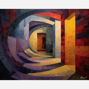 a cubic room that slowly twists into a spiral as walls slide past one another, an enclosed interior whose corners have begun to rotate into a vortex, golden ambers, deep browns, and charcoal edges, intimate yet vertiginous, like the onset of a lucid dream, optical illusion painting, impossible perspective, surreal geometry, abstract architecture, depth distortion, visual paradox, oil painting palette knife style, thick textured strokes, illusion art, mind bending space, dreamlike perspective, geometric abstraction, layered composition