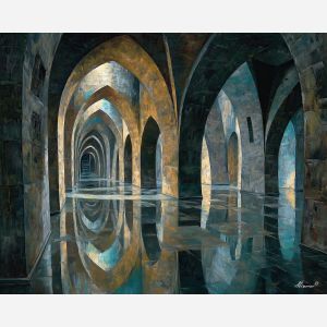 a tilted hall lined with mirrors that warp arches and pillars into distorted reflections, a grand interior whose structure seems to melt inside the glass, cool metallic silvers, cool blues, and warm gold glints, theatrical, dramatic, and slightly surreal, optical illusion painting, impossible perspective, surreal geometry, abstract architecture, depth distortion, visual paradox, oil painting palette knife style, thick textured strokes, illusion art, mind bending space, dreamlike perspective, geometric abstraction