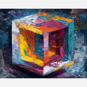 a cube whose faces peel back, bringing interior planes to the surface, a clean, minimal plinth-like surface that isolates the transforming object, weathered bronzes, muddy grays, and pale highlights, reflective and enigmatic, inviting close inspection, optical illusion painting, impossible perspective, surreal geometry, abstract architecture, depth distortion, visual paradox, oil painting palette knife style, thick textured strokes, illusion art, mind bending space, dreamlike perspective