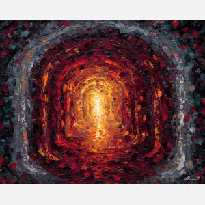 a sequence of nested diamond forms that fold inward like a luminous tunnel, a geometric passage that seems to stretch beyond the visible frame, golden ambers, soft oranges, and deep midnight blues, glowing and immersive, with a meditative pull, optical illusion painting, impossible perspective, surreal geometry, abstract architecture, depth distortion, visual paradox, oil painting palette knife style, thick textured strokes, illusion art, mind bending space, dreamlike perspective, geometric abstraction, layered composition