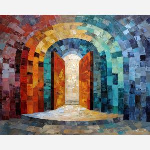 a ring of repeating doors arranged in a sweeping arc of contradicting depth, a bare hallway that curves out of sight at both edges of the painting, warm woods, ivory walls, and deep umber shadows, inviting and disorienting at the same time, optical illusion painting, impossible perspective, surreal geometry, abstract architecture, depth distortion, visual paradox, oil painting palette knife style, thick textured strokes, illusion art, mind bending space, dreamlike perspective, geometric abstraction, layered composition, abstract perspective