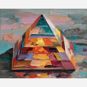 a pyramid structure that has been turned inside out along its edges, a stark, stage-like ground plane that spotlights the paradoxical form, bronzes, dark slates, and pale sand tones, puzzling, architectural, and quietly monumental, optical illusion painting, impossible perspective, surreal geometry, abstract architecture, depth distortion, visual paradox, oil painting palette knife style, thick textured strokes, illusion art, mind bending space, dreamlike perspective