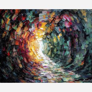 a tunnel-like form that appears to bloom outward instead of pulling inward, a shadowed passage that opens into a glowing, ambiguous center, burnished golds, deep browns, and smoky violets, tense and radiant, like a slow explosion of space, optical illusion painting, impossible perspective, surreal geometry, abstract architecture, depth distortion, visual paradox, oil painting palette knife style, thick textured strokes, illusion art, mind bending space, dreamlike perspective, geometric abstraction