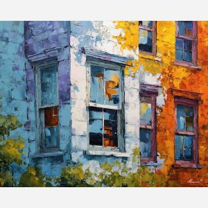 a sequence of framed windows that seems to rise and fall in the same motion, a neutral wall that has been transformed into a rhythmic pattern of openings, soft beiges, cool grays, and reflected sky blues, mesmerizing, rhythmic, and slightly playful, optical illusion painting, impossible perspective, surreal geometry, abstract architecture, depth distortion, visual paradox, oil painting palette knife style, thick textured strokes, illusion art, mind bending space, dreamlike perspective, geometric abstraction