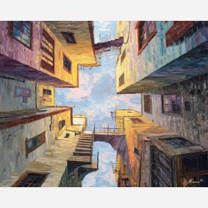 a calm urban street that suddenly bends and folds upward like a sheet of paper, a modest city block rendered from an exaggerated low viewpoint, soft grays, muted browns, and faint neon accents, subtle and cinematic, with a slow-burn sense of unreality, optical illusion painting, impossible perspective, surreal geometry, abstract architecture, depth distortion, visual paradox, oil painting palette knife style, thick textured strokes, illusion art, mind bending space, dreamlike perspective, geometric abstraction, layered composition