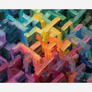 a grid of rectangular frames that twist into a maze-like tangle, a shallow space where frames overlap and recede in complex layers, warm neutrals, soft whites, and charcoal intersections, complex, intriguing, and visually absorbing, optical illusion painting, impossible perspective, surreal geometry, abstract architecture, depth distortion, visual paradox, oil painting palette knife style, thick textured strokes, illusion art, mind bending space, dreamlike perspective, geometric abstraction