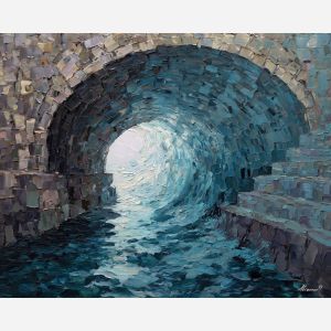 a carved stone arch that appears to ripple and fold like liquid, a simple wall opening transformed into a fluid, almost living structure, sandy beiges, warm grays, and delicate shadow blues, calm on the surface, with a subtle undercurrent of strangeness, optical illusion painting, impossible perspective, surreal geometry, abstract architecture, depth distortion, visual paradox, oil painting palette knife style, thick textured strokes, illusion art, mind bending space, dreamlike perspective, geometric abstraction