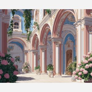 a, courtyard, framed, by, pastel, arches, and, curling, rococo style, pastel tones, ornate decoration, gilded curves, floral motifs, 18th century aesthetic, elegant detailing, asymmetry, soft lighting, decorative art