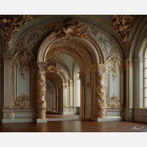 a, gilded, archway, adorned, with, flourishes, and, shell, rococo style, pastel tones, ornate decoration, gilded curves, floral motifs, 18th century aesthetic, elegant detailing, asymmetry, soft lighting, decorative art