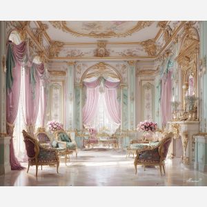 an, ornate, salon, filled, with, pastel, drapery, and, rococo style, pastel tones, ornate decoration, gilded curves, floral motifs, 18th century aesthetic, elegant detailing, asymmetry, soft lighting, decorative art