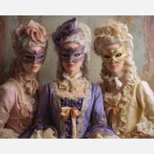 masked, figures, adorned, in, curling, pastel, ornamentation, rococo style, pastel tones, ornate decoration, gilded curves, floral motifs, 18th century aesthetic, elegant detailing, asymmetry, soft lighting, decorative art