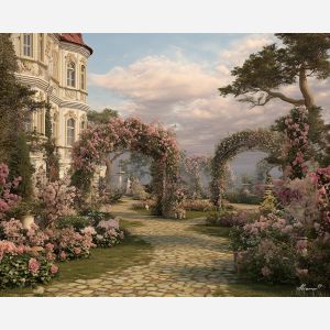 a, dreamlike, rococo, garden, with, flowering, bowers, and, rococo style, pastel tones, ornate decoration, gilded curves, floral motifs, 18th century aesthetic, elegant detailing, asymmetry, soft lighting, decorative art
