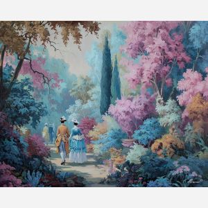 figures, strolling, through, a, garden, of, pastel, foliage, rococo style, pastel tones, ornate decoration, gilded curves, floral motifs, 18th century aesthetic, elegant detailing, asymmetry, soft lighting, decorative art