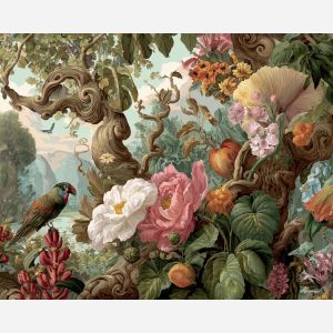 a, botanical, scene, shaped, into, rococo, curves, rococo style, pastel tones, ornate decoration, gilded curves, floral motifs, 18th century aesthetic, elegant detailing, asymmetry, soft lighting, decorative art
