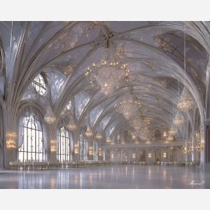 a, ballroom, with, sweeping, arches, and, opalescent, chandeliers, rococo style, pastel tones, ornate decoration, gilded curves, floral motifs, 18th century aesthetic, elegant detailing, asymmetry, soft lighting, decorative art