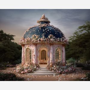 a, pavilion, decorated, with, shells,, scrolls,, and, blossoms, rococo style, pastel tones, ornate decoration, gilded curves, floral motifs, 18th century aesthetic, elegant detailing, asymmetry, soft lighting, decorative art