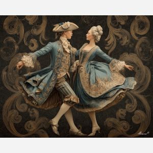 two, elegant, courtiers, dancing, beneath, swirling, decorative, motifs, rococo style, pastel tones, ornate decoration, gilded curves, floral motifs, 18th century aesthetic, elegant detailing, asymmetry, soft lighting, decorative art