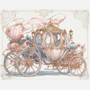 a, delicate, carriage, adorned, with, ribbons, and, pastel, rococo style, pastel tones, ornate decoration, gilded curves, floral motifs, 18th century aesthetic, elegant detailing, asymmetry, soft lighting, decorative art