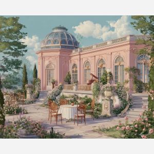 a, terrace, overlooking, a, romantic, pastel, garden, rococo style, pastel tones, ornate decoration, gilded curves, floral motifs, 18th century aesthetic, elegant detailing, asymmetry, soft lighting, decorative art