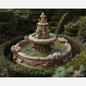 a, sculpted, fountain, surrounded, by, soft, pastel, greenery, rococo style, pastel tones, ornate decoration, gilded curves, floral motifs, 18th century aesthetic, elegant detailing, asymmetry, soft lighting, decorative art
