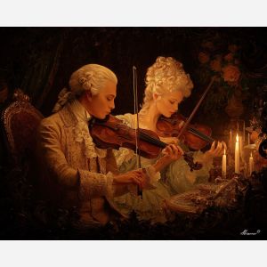 musicians, illuminated, by, soft, gilded, ambience, rococo style, pastel tones, ornate decoration, gilded curves, floral motifs, 18th century aesthetic, elegant detailing, asymmetry, soft lighting, decorative art