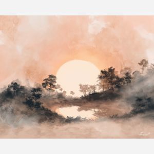 a, sunrise, hollow, bathed, in, soft, peach, light, watercolor landscape, soft washes, pastel hues, natural scenery, gentle gradients, outdoor painting, light texture, soft foreground, distant horizon, atmospheric depth